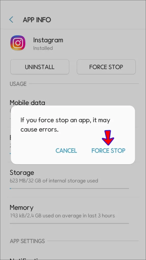 Force Stop the Instagram app